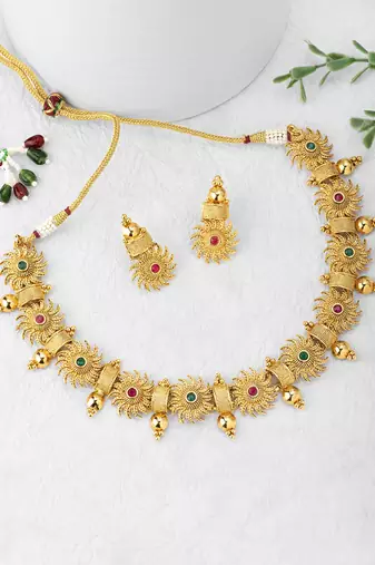 Aheli green & pink studded round necklace choker with earrings traditional jewellery sets