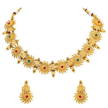Aheli green & pink studded round necklace choker with earrings traditional jewellery sets 3