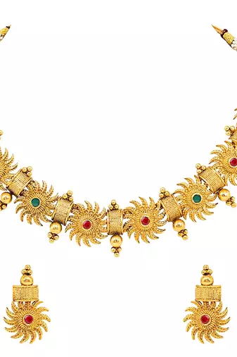 Aheli green & pink studded round necklace choker with earrings traditional jewellery sets