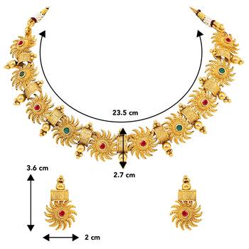 Aheli green & pink studded round necklace choker with earrings traditional jewellery sets 4
