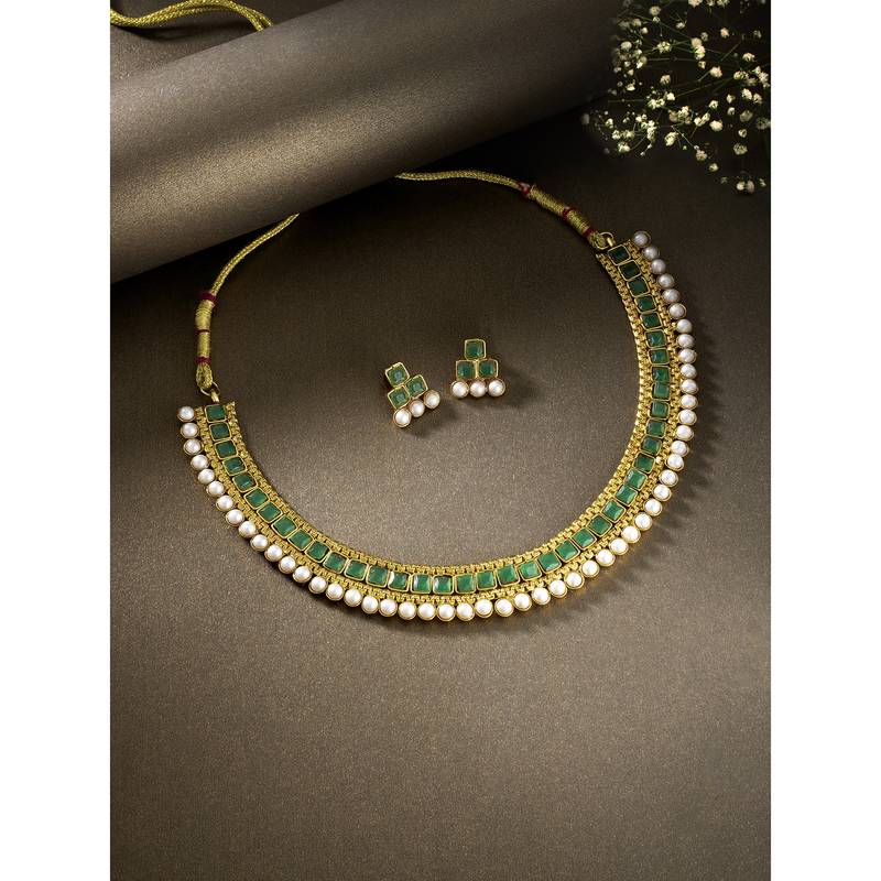 Aheli traditional green choker necklace & stud earrings jewellery set