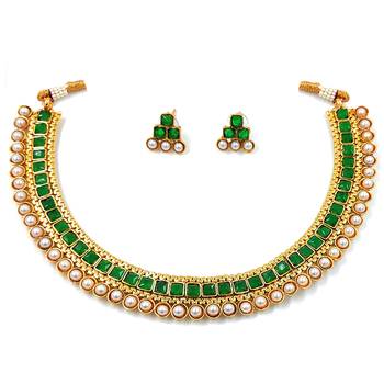 Aheli traditional green choker necklace & stud earrings jewellery set 3