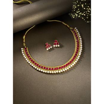 Aheli traditional red studded traditional choker necklace & earrings jewellery set 1