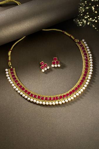 Aheli traditional red studded traditional choker necklace & earrings jewellery set