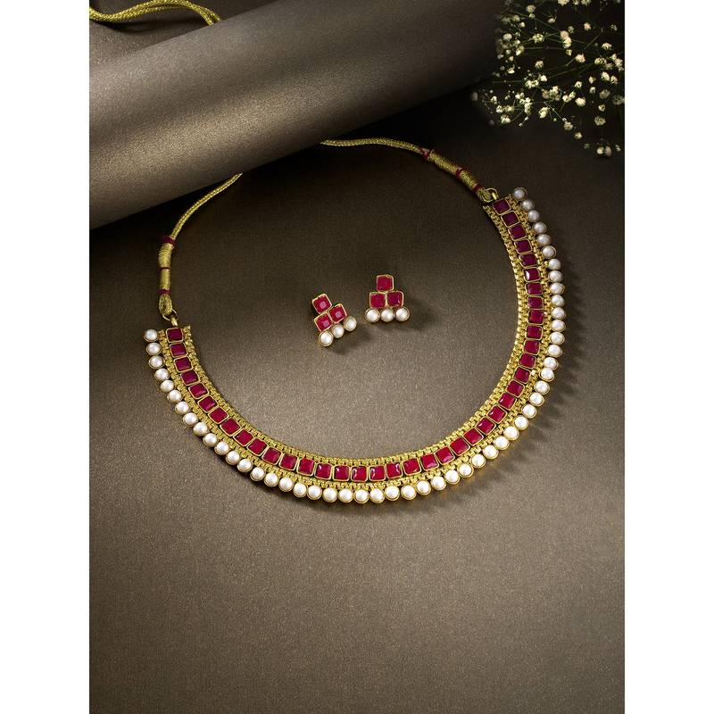 Aheli traditional red studded traditional choker necklace & earrings jewellery set