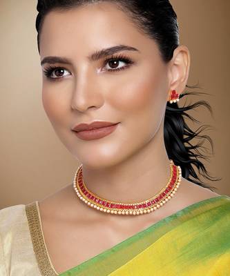 Aheli traditional red studded traditional choker necklace & earrings jewellery set 2