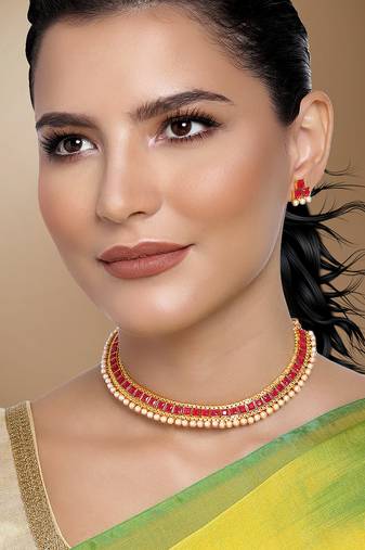 Aheli traditional red studded traditional choker necklace & earrings jewellery set
