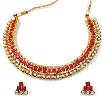 Aheli traditional red studded traditional choker necklace & earrings jewellery set 3