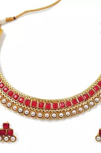 Aheli traditional red studded traditional choker necklace & earrings jewellery set
