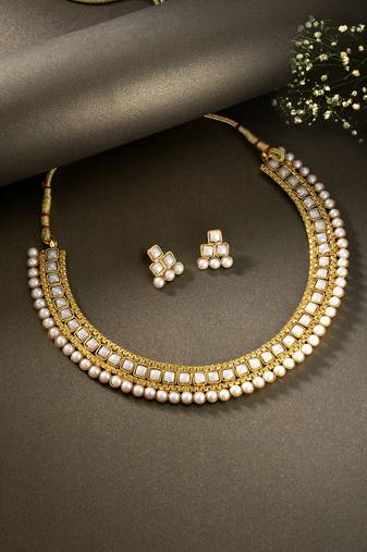 Aheli traditional white pearl traditional choker necklace & earrings jewellery set