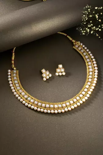 Aheli traditional white pearl traditional choker necklace & earrings jewellery set