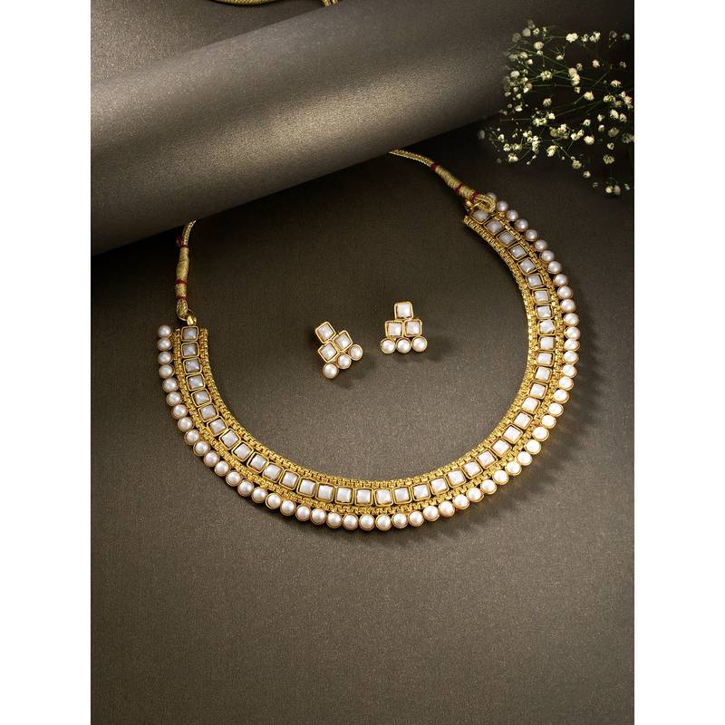 Aheli traditional white pearl traditional choker necklace & earrings jewellery set