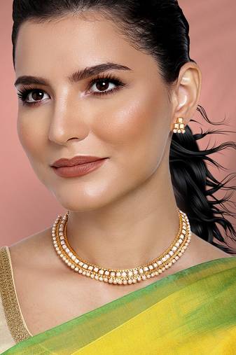 Aheli traditional white pearl traditional choker necklace & earrings jewellery set