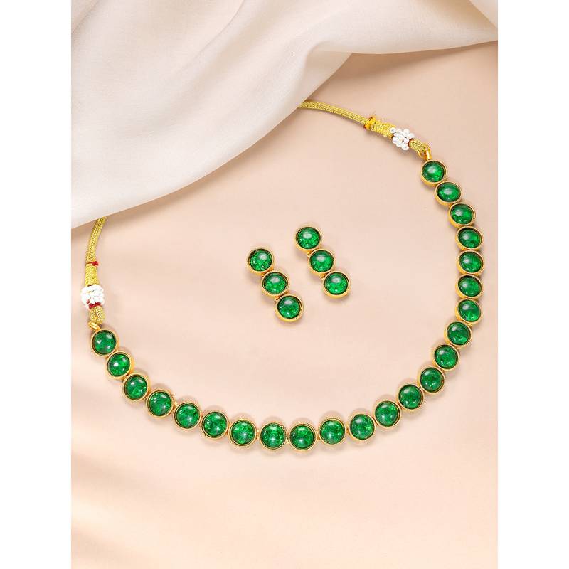 Aheli green choker necklace with drop earrings traditional jewellery set