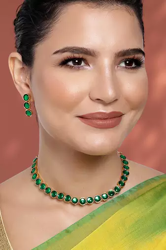 Aheli green choker necklace with drop earrings traditional jewellery set