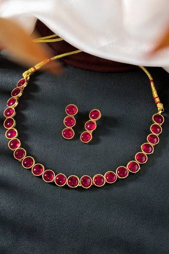 Aheli red choker necklace with drop earrings traditional jewellery set