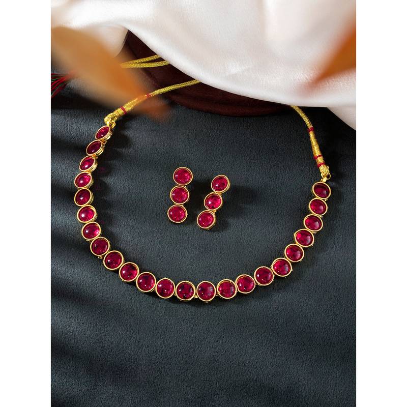 Aheli red choker necklace with drop earrings traditional jewellery set