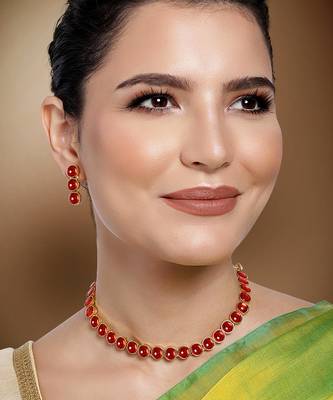 Aheli red choker necklace with drop earrings traditional jewellery set 2