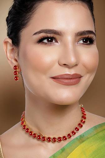 Aheli red choker necklace with drop earrings traditional jewellery set