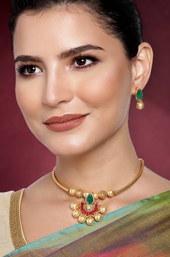 Aheli red green pearl necklace earrings set indian traditional ethnic jewellery set