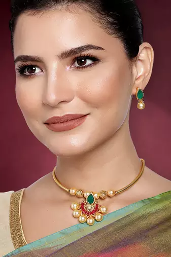 Aheli red green pearl necklace earrings set indian traditional ethnic jewellery set