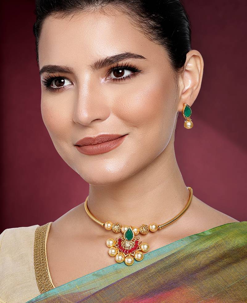 Aheli red green pearl necklace earrings set indian traditional ethnic jewellery set