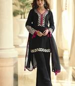 Black silk blend mirror embroidered work kurti bootcut bottom set with dupatta