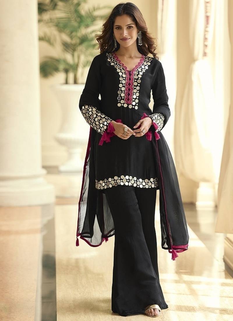 Black silk blend mirror embroidered work kurti bootcut bottom set with dupatta