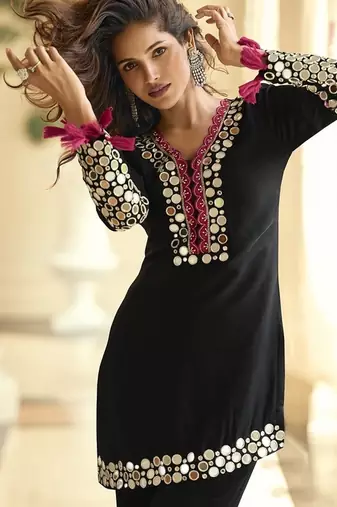 Black silk blend mirror embroidered work kurti bootcut bottom set with dupatta