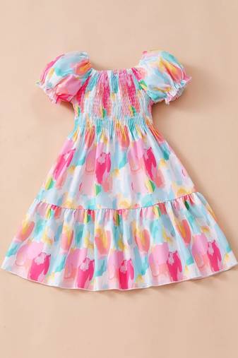 Multicolor printed cotton puff sleeve smocked fit & flare girls dress