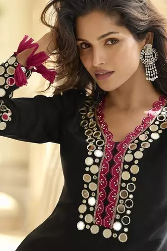 Black silk blend mirror embroidered work kurti bootcut bottom set with dupatta