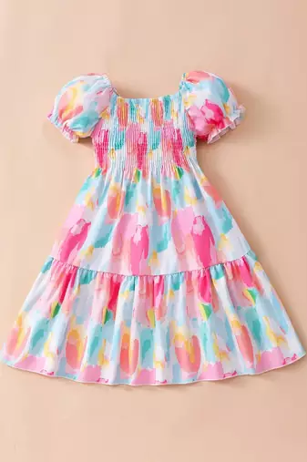 Multicolor printed cotton puff sleeve smocked fit & flare girls dress