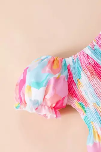 Multicolor printed cotton puff sleeve smocked fit & flare girls dress