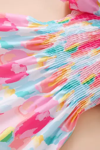 Multicolor printed cotton puff sleeve smocked fit & flare girls dress