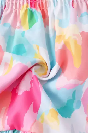 Multicolor printed cotton puff sleeve smocked fit & flare girls dress