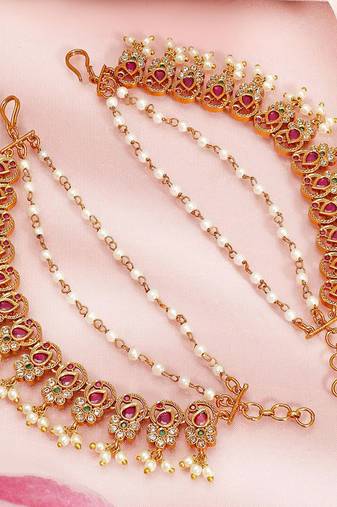 Aheli rani pink and green earring chain for women bridal wedding jewelry