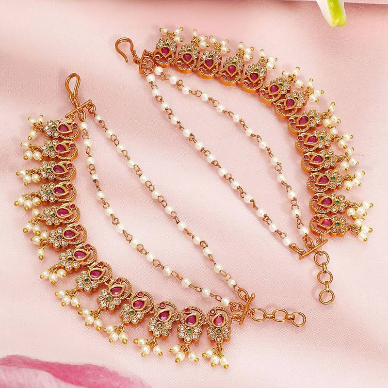 Aheli rani pink and green earring chain for women bridal wedding jewelry