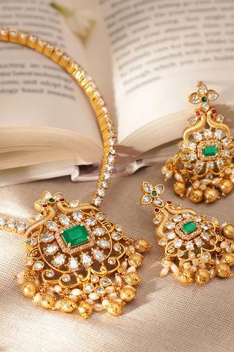 Aheli green traditional necklace earrings jewelry set for women