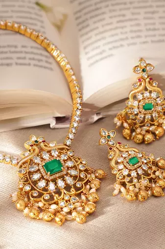 Aheli green traditional necklace earrings jewelry set for women