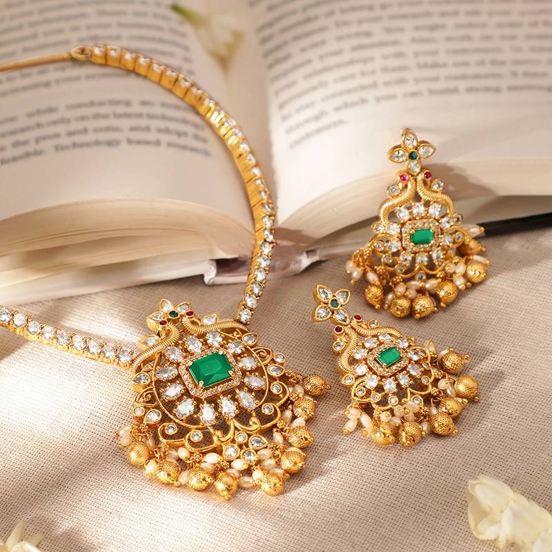 Aheli green traditional necklace earrings jewelry set for women