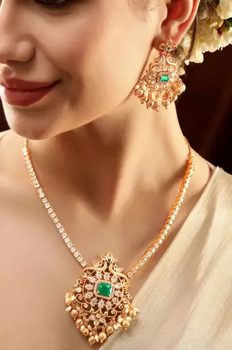 Aheli green traditional necklace earrings jewelry set for women
