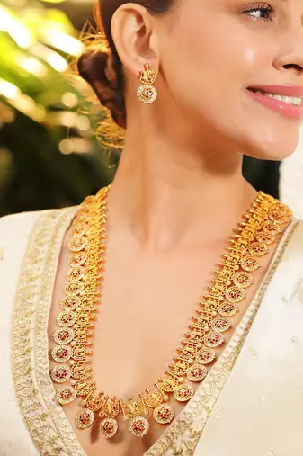 Aheli indian traditional coin tessel long necklace earrings set for women