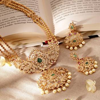 Aheli ethnic long necklace earrings set for women traditional indian temple jewelry 1