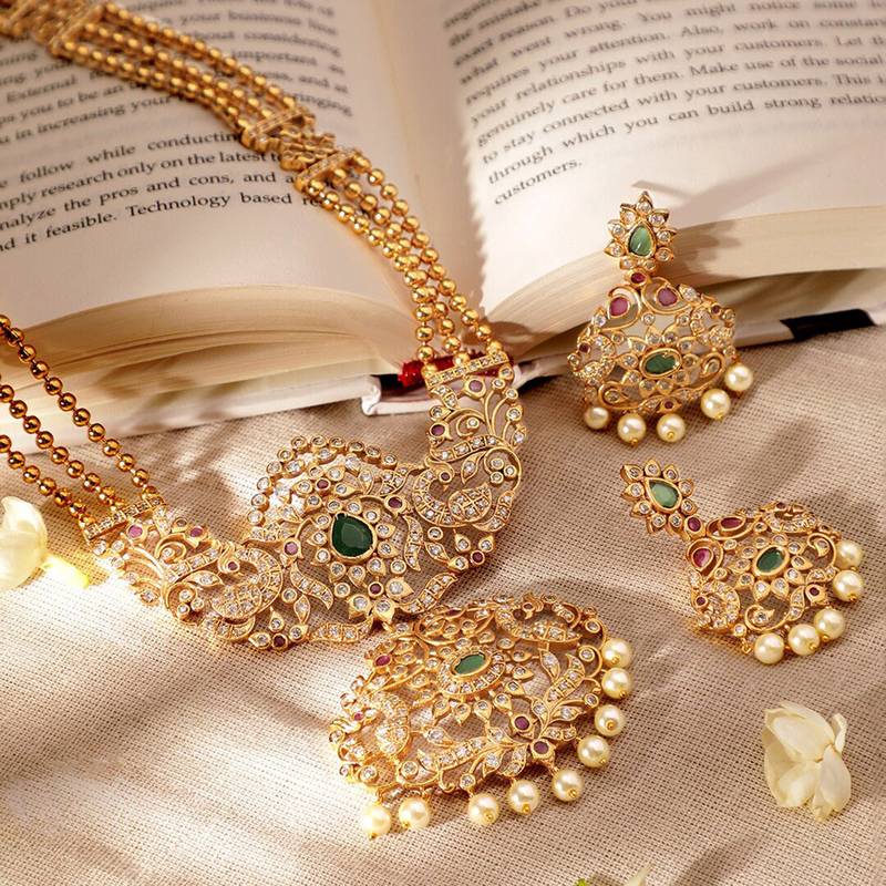 Aheli ethnic long necklace earrings set for women traditional indian temple jewelry