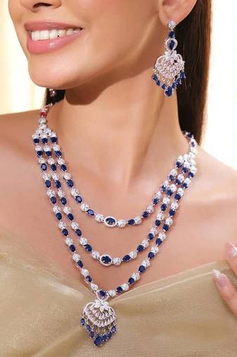 Aheli blue triple layered necklace and earrings set for women