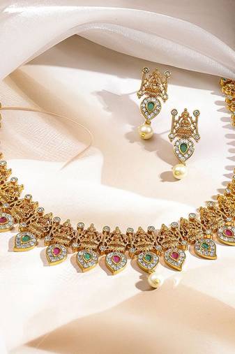 Aheli traditional goddess motif necklace and earrings jewelry set for women