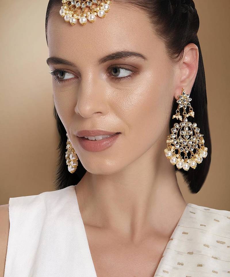 Aheli traditional kundan pearl wedding chandbali earrings with maang tikka jewellery set for women
