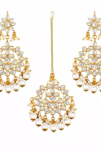 Aheli traditional kundan pearl wedding chandbali earrings with maang tikka jewellery set for women