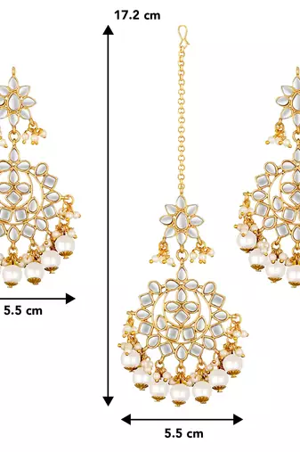 Aheli traditional kundan pearl wedding chandbali earrings with maang tikka jewellery set for women