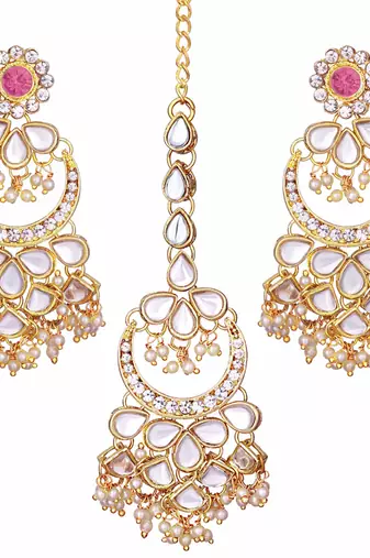 Aheli kundan chandbali earrings with maang tikka traditional jewellery set for women